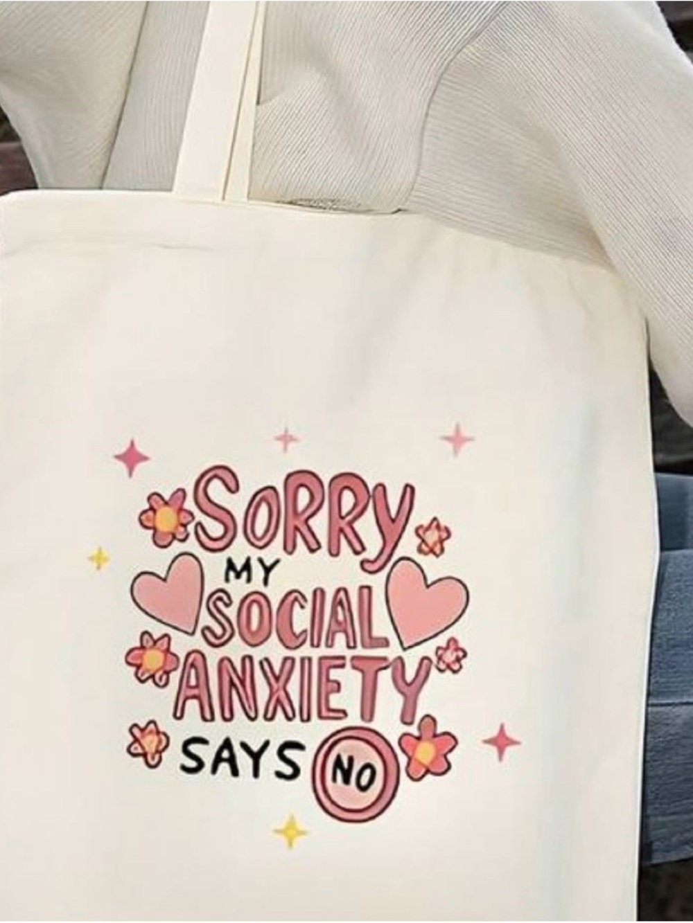 "Sorry My Social Anxiety Says No" Graphic Tote - White with Pink and Black Print